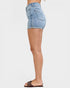 Denim shorts worn by a person on a white background