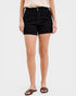 Person wearing black shorts on a white background