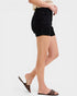 Person wearing black shorts on a white background