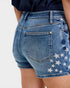 Denim shorts with star pattern on a plain background