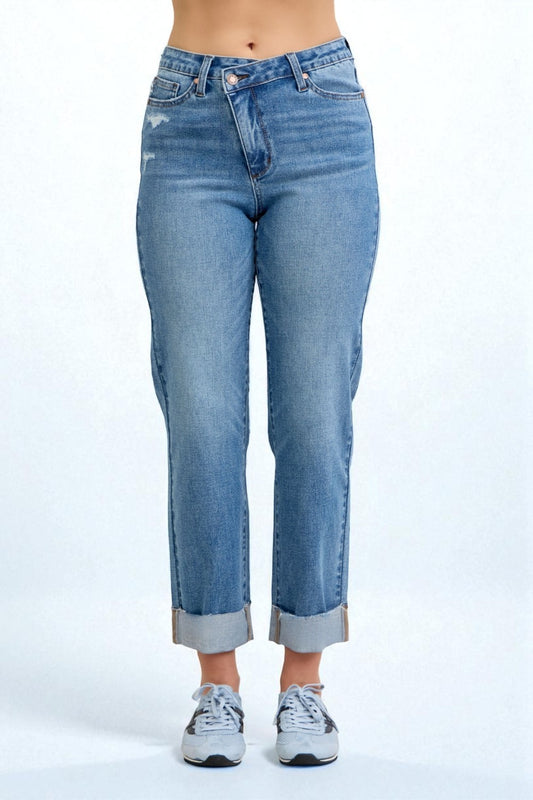 Medium Wash Cuffed Straight Jeans