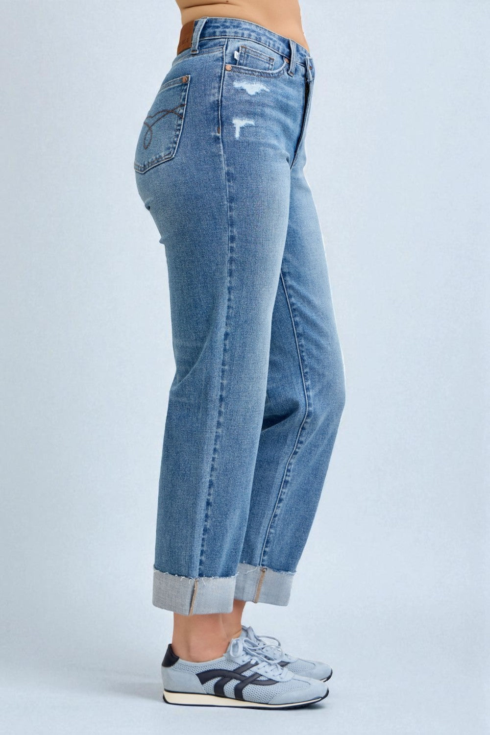 Medium Wash Cuffed Straight Jeans