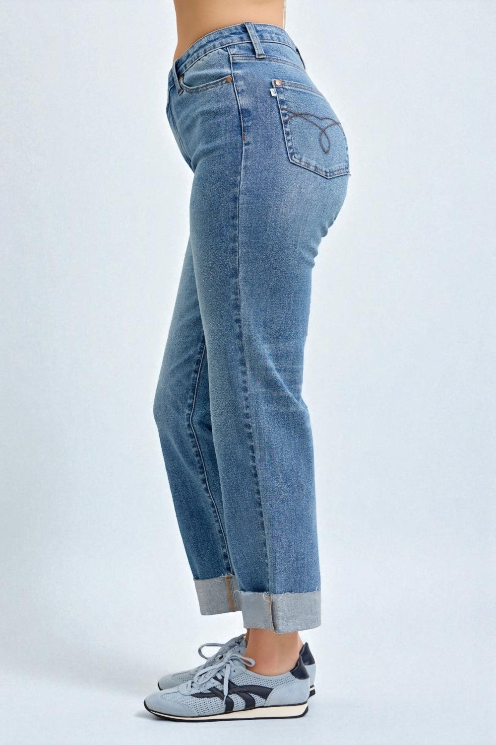 Medium Wash Cuffed Straight Jeans