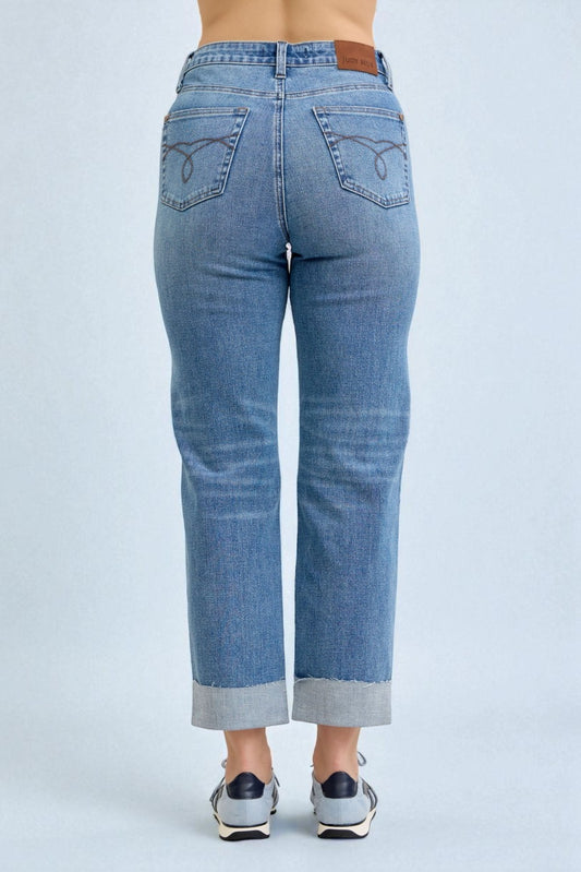 Medium Wash Cuffed Straight Jeans