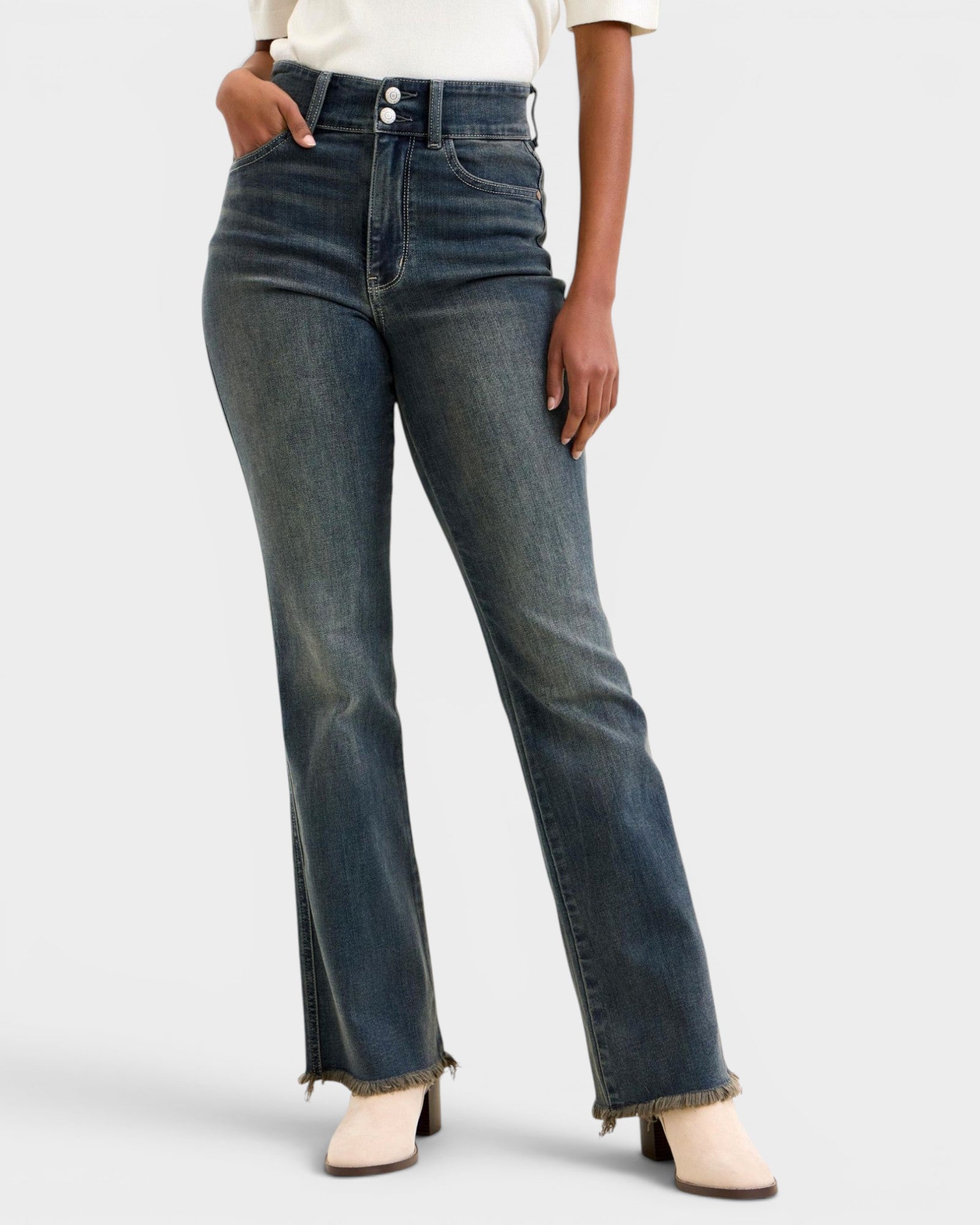 Dark Wash Raw Hem Bootcut Jeans