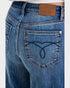 Close-up of blue jeans with a Judy Blue label on the back pocket.