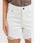 White denim shorts with a striped shirt on a white background
