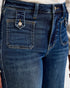 Close-up of blue jeans with a focus on the pocket and stitching.