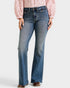 Person wearing blue flared jeans and a pink blouse on a white background