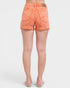 Orange acid-wash denim shorts on a white background