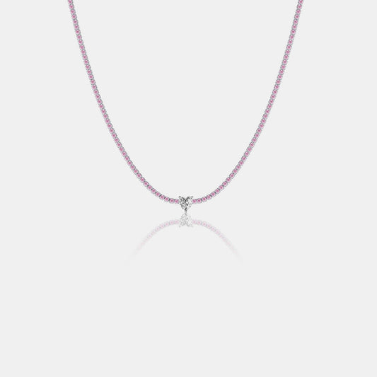 Silver Inlaid Heart Zircon & Pink Rhinestone Necklace