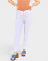 Person wearing white jeans and blue sandals on a plain background