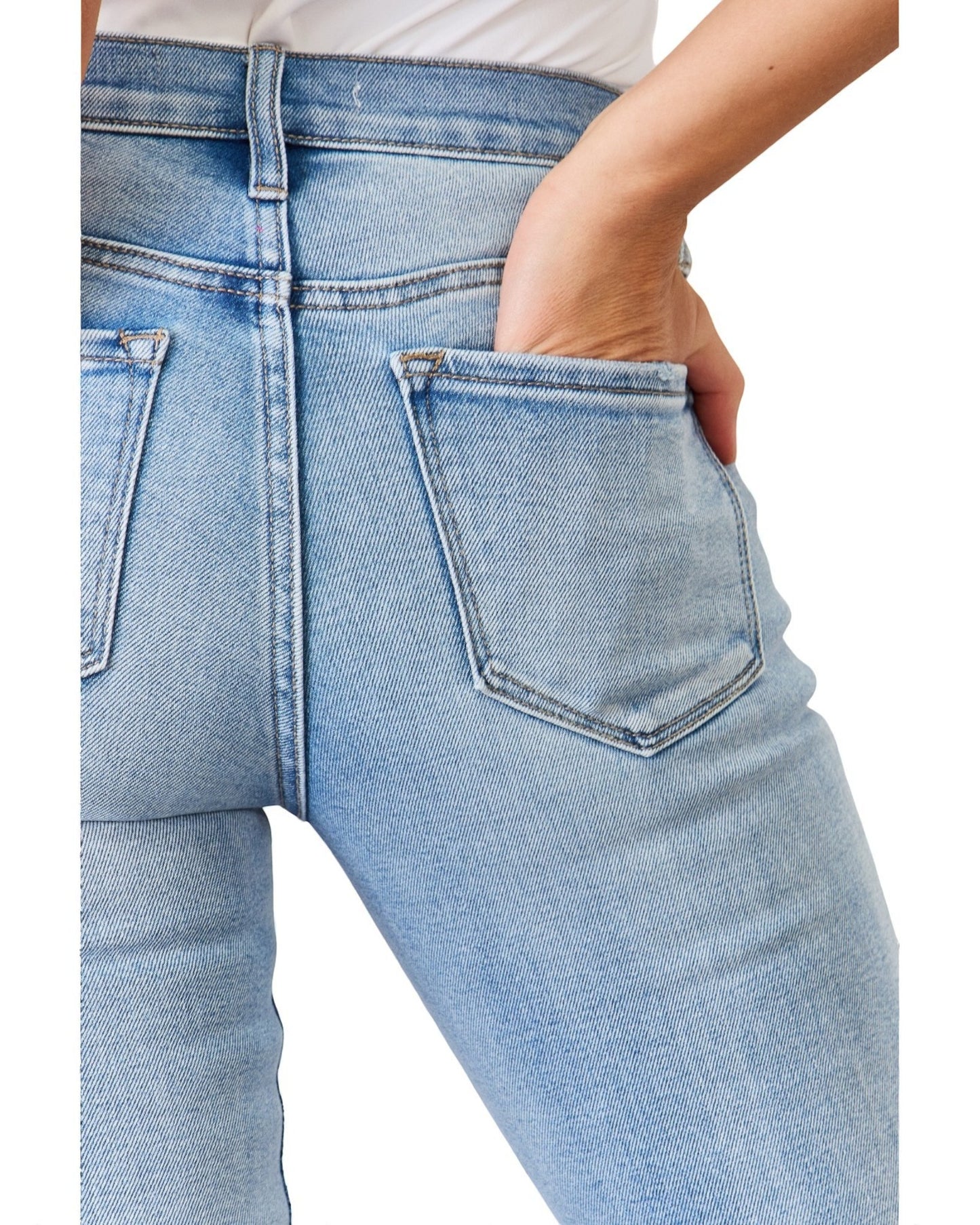 Light blue jeans worn by a person on a white background