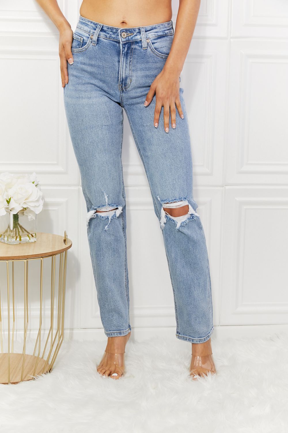 Light Wash High Rise Distressed Straight Jeans