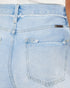 Close-up back view of light-wash blue denim jeans showing the waistband, belt loops, back pocket, and frayed hem detail.