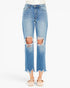 Light blue cropped denim jeans with distressed rips at the knees and frayed hems, shown on a model wearing beige flat shoes against a plain white background.