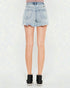Light blue denim shorts worn by a person on a white background