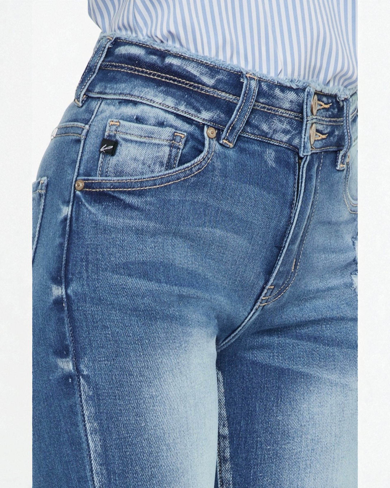 Close-up of blue jeans with a white background