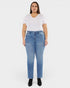 Woman wearing a white t-shirt and blue jeans on a white background