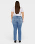 Person wearing blue jeans and a white shirt on a white background