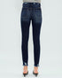 Dark blue jeans worn by a person on a white background