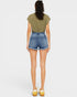Person wearing a green t-shirt and denim shorts on a white background
