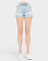 Light blue denim shorts with distressed details on a white background