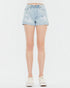 Light blue denim shorts worn by a person on a white background