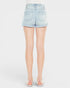 Light blue denim shorts worn by a person on a white background