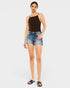 Woman wearing a black tank top and denim shorts on a white background