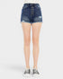 Denim shorts with button details on a white background
