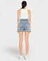 Person wearing light blue denim shorts on a white background