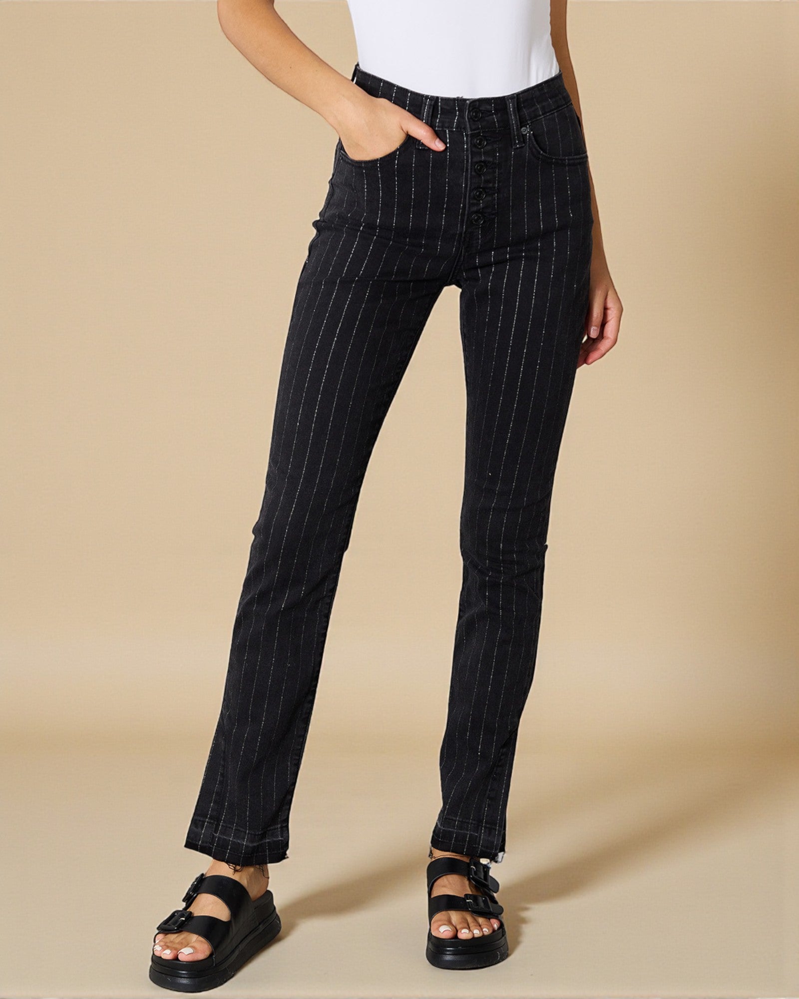 Black Pinstripe Button-Fly Pants