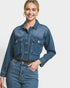 Woman wearing a denim outfit on a plain background
