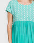 Teal dress with white floral pattern on a plain background