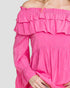 Pink off-shoulder top with ruffled details on a plain background