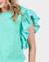 Mint green blouse with ruffled sleeves on a white background