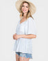 Woman wearing a light blue blouse and straw hat on a white background