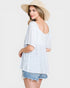 Woman wearing a light blue off-shoulder top and denim shorts with a straw hat on a white background