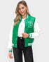 Woman wearing a green and white varsity jacket with a letter 'B' on a plain background