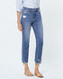 Person wearing light blue jeans with a white background
