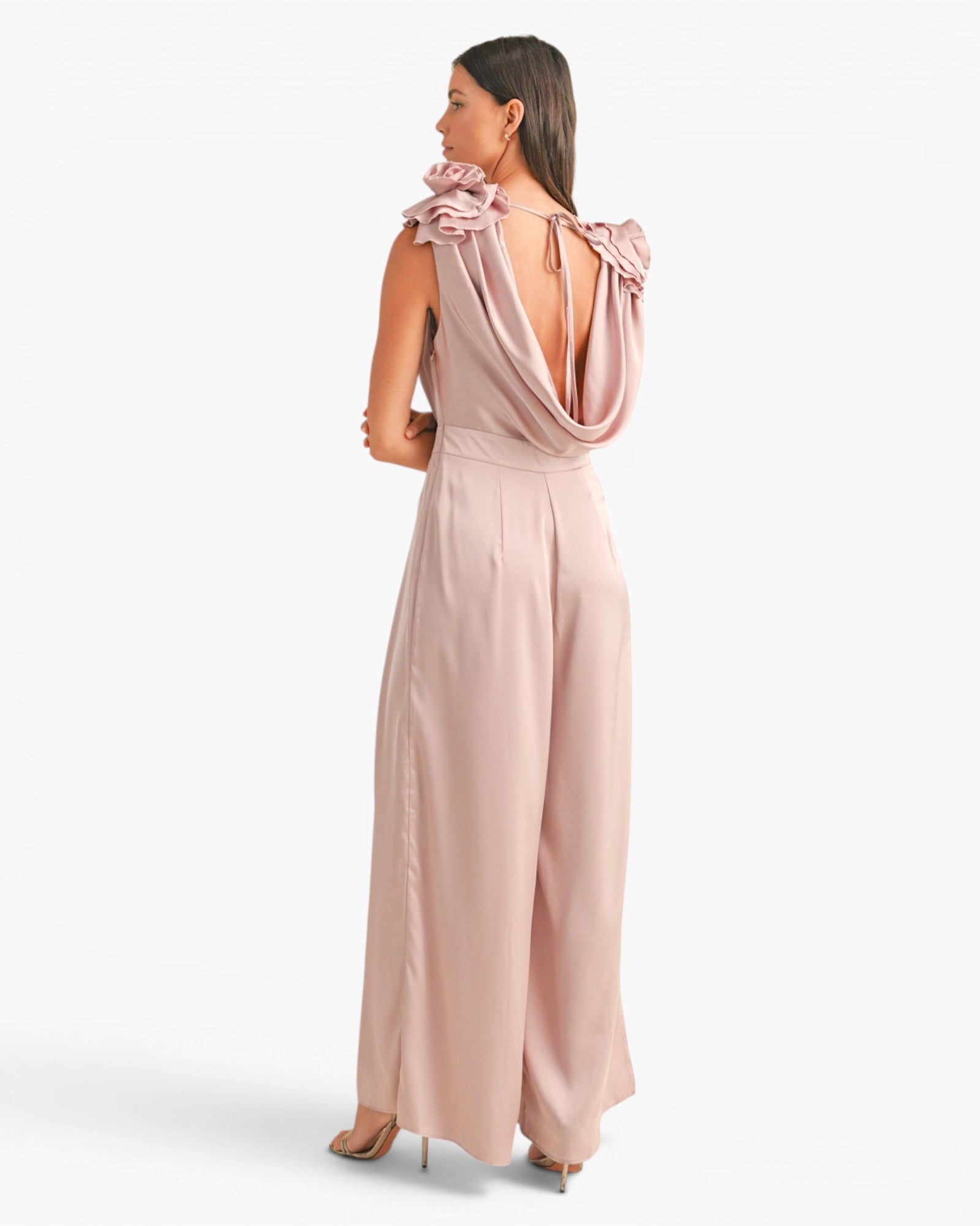 Combinaison à col bénitier profond avec appliques florales 3D en mauve poudré