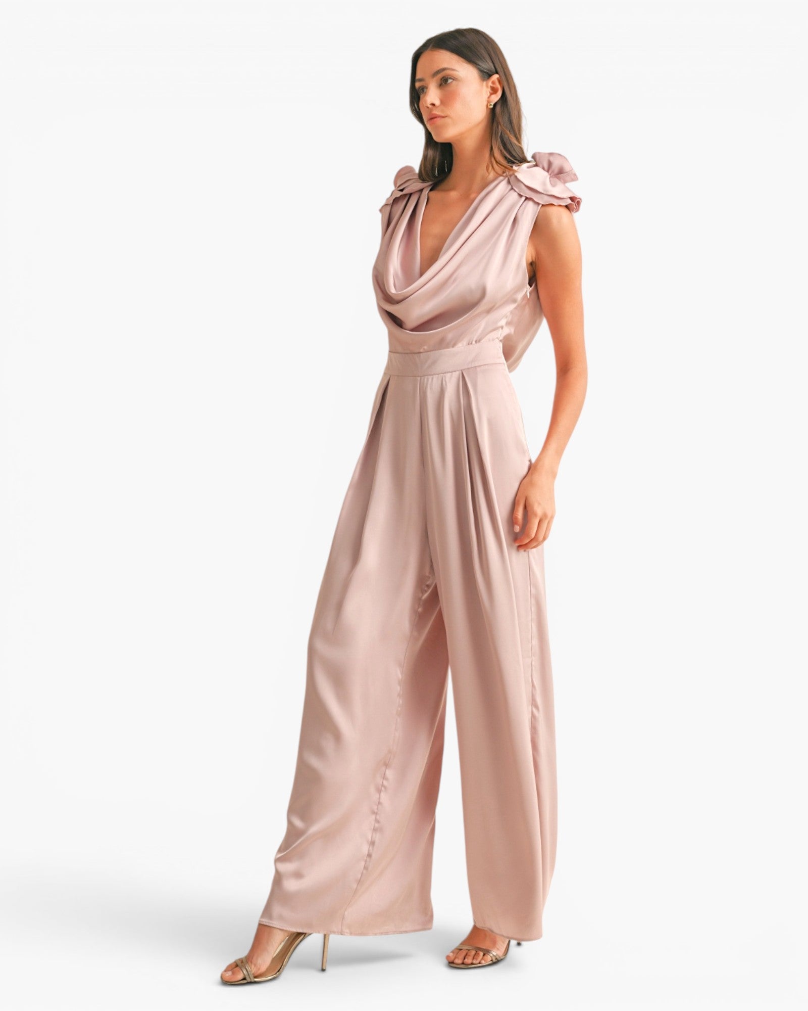 Combinaison à col bénitier profond avec appliques florales 3D en mauve poudré