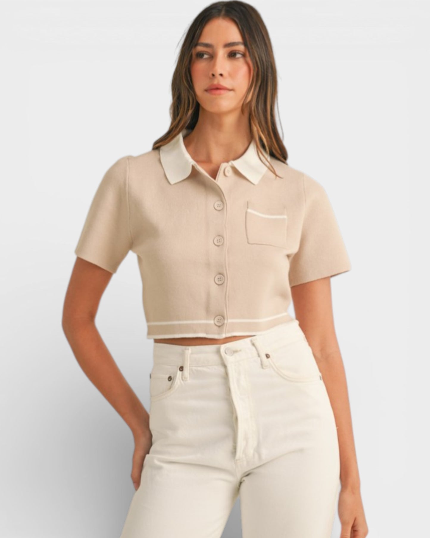 Beige & Ivory Contrast Collared Knit Cardigan