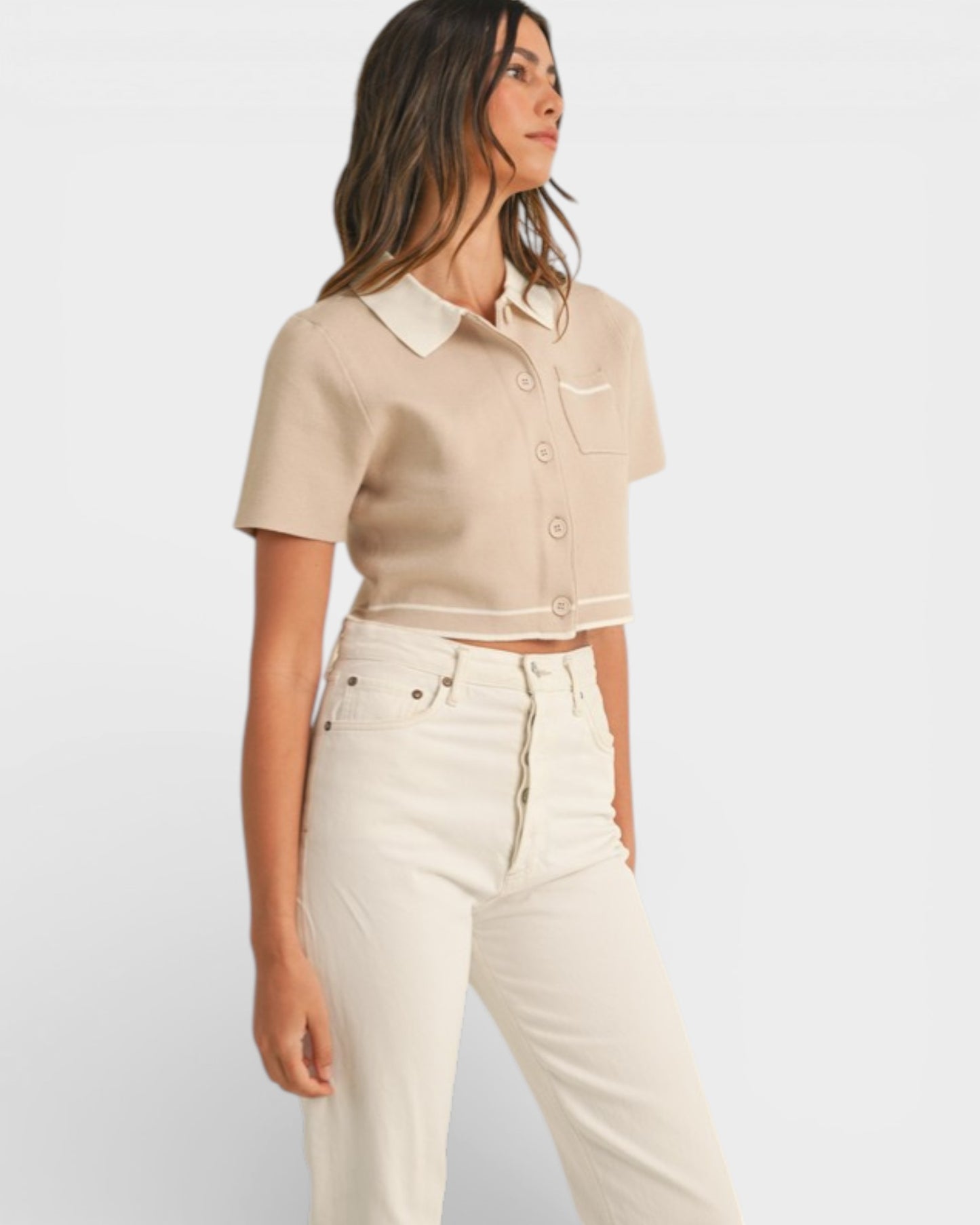 Beige & Ivory Contrast Collared Knit Cardigan