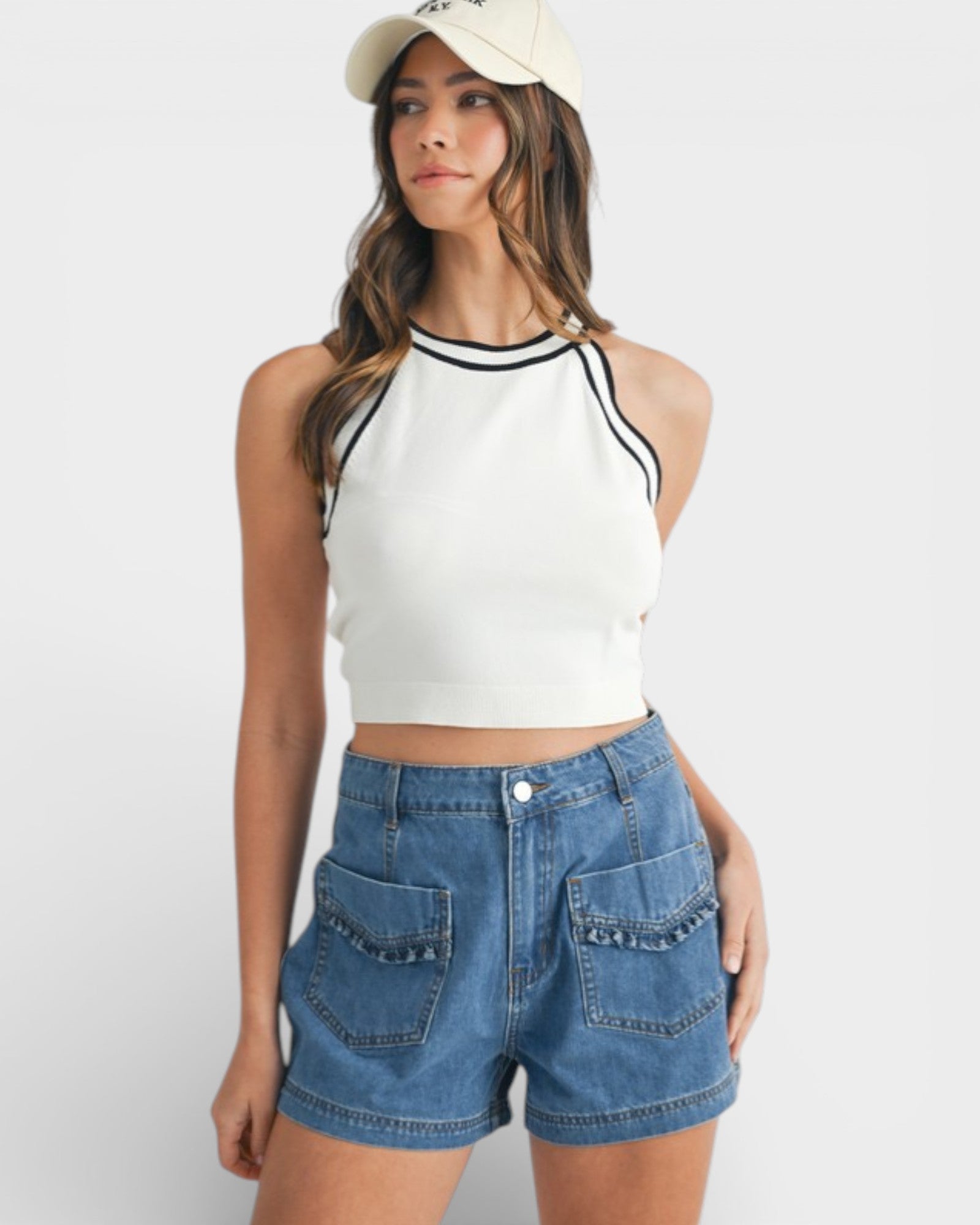 White & Black Contrast Trim Knit Crop Top