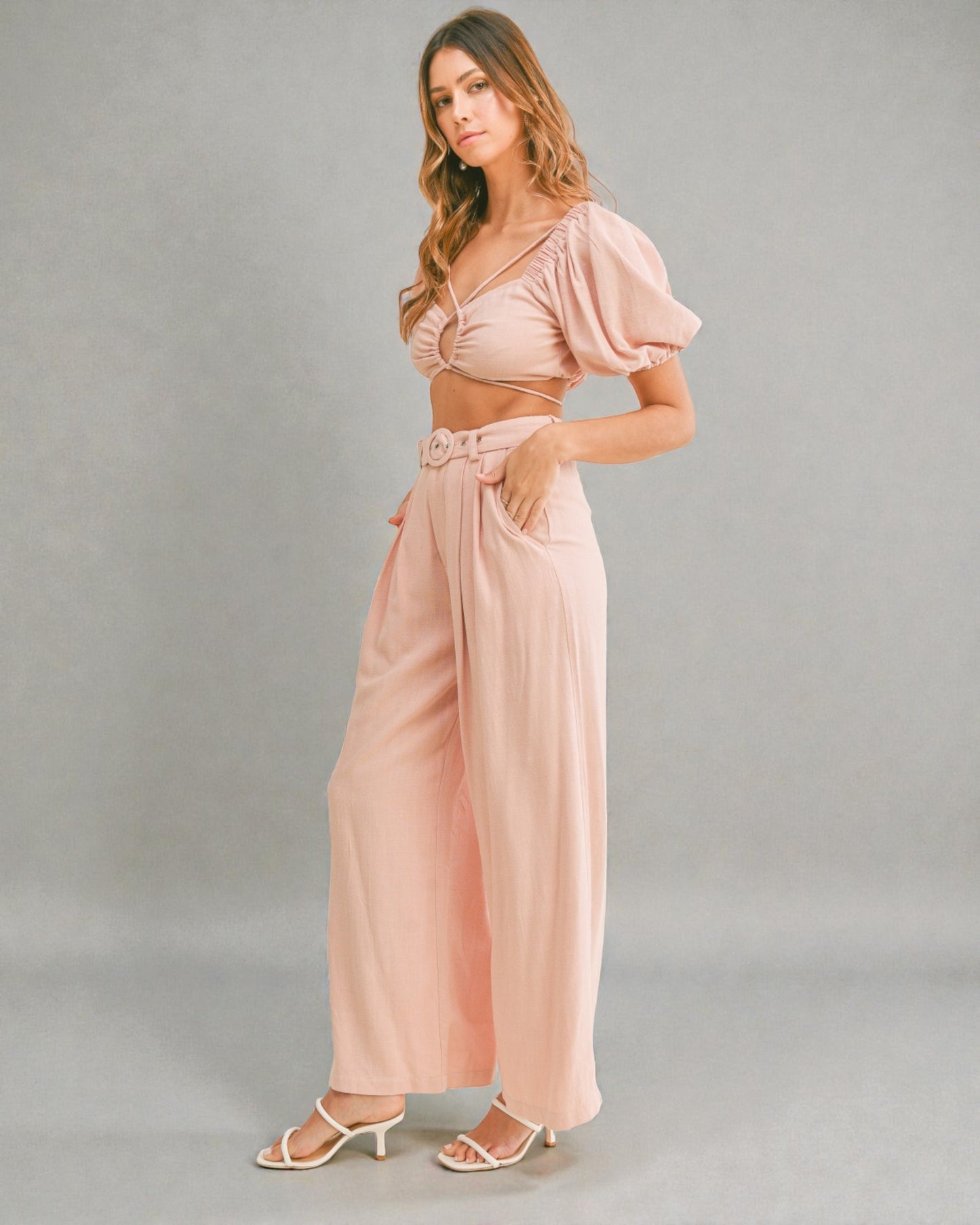 Blush Puff Sleeve Wide Leg Pants Set