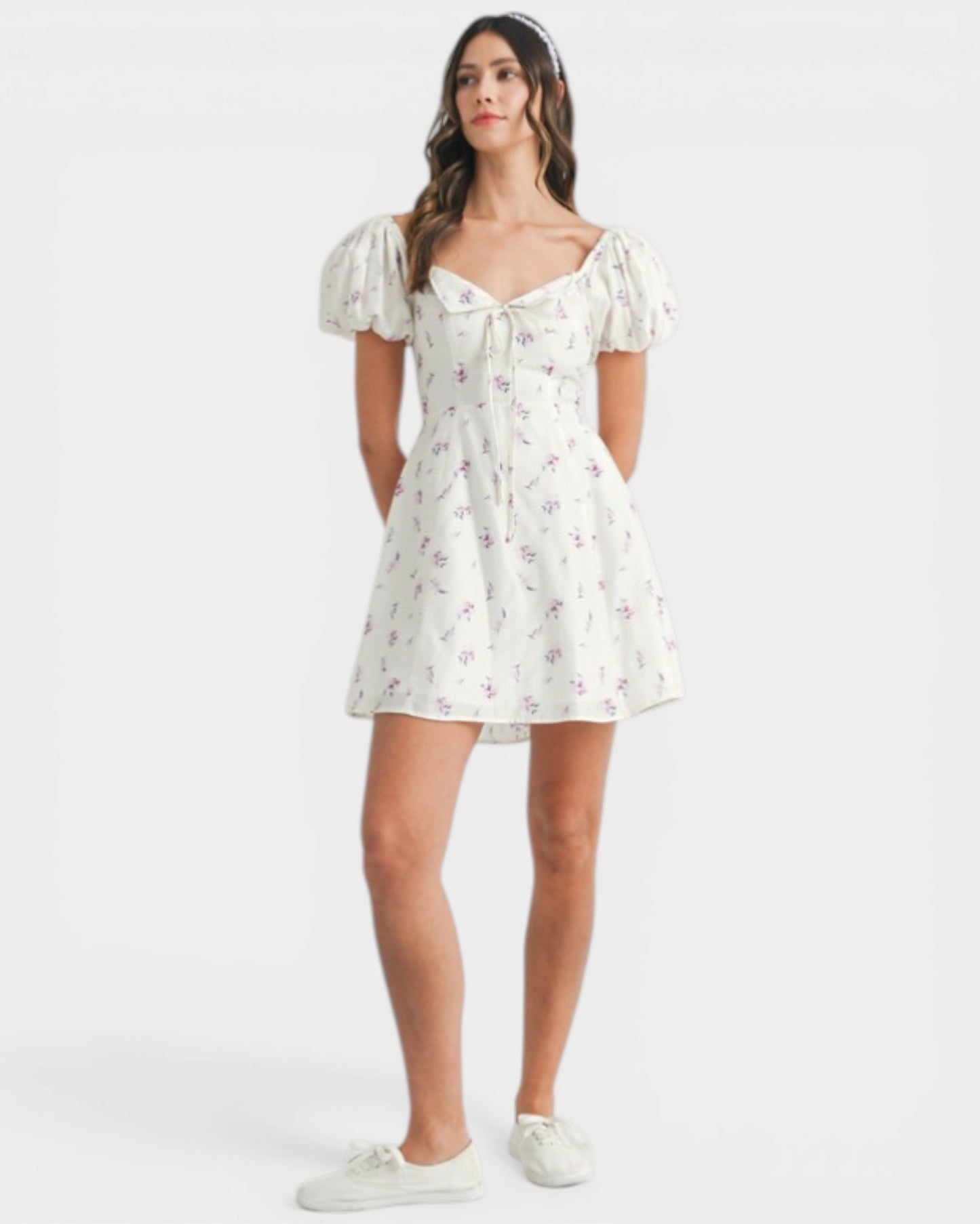 Ivory & Lavender Floral Puff Sleeve Mini Dress