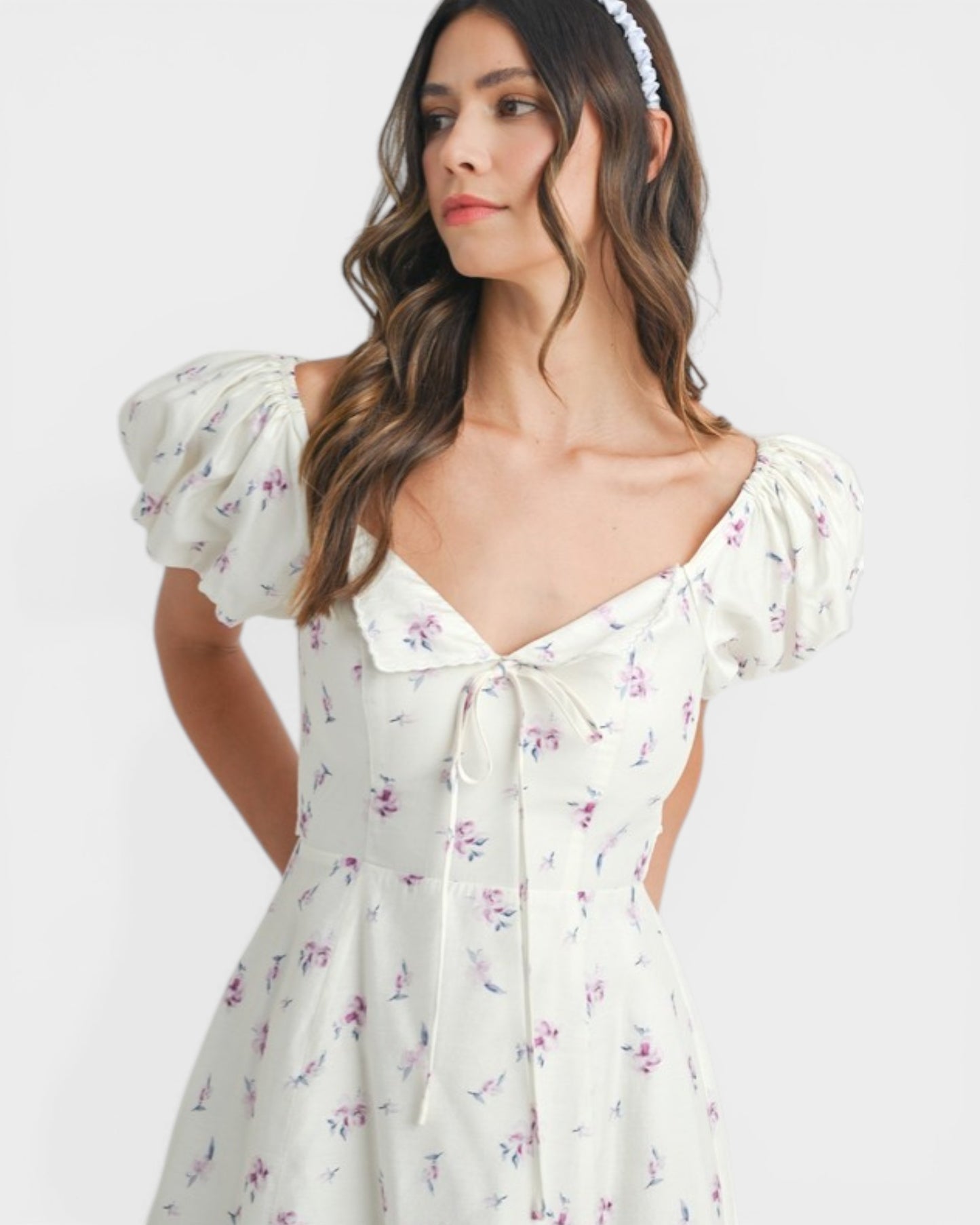 Ivory & Lavender Floral Puff Sleeve Mini Dress