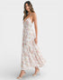 Woman wearing a floral dress on a white background